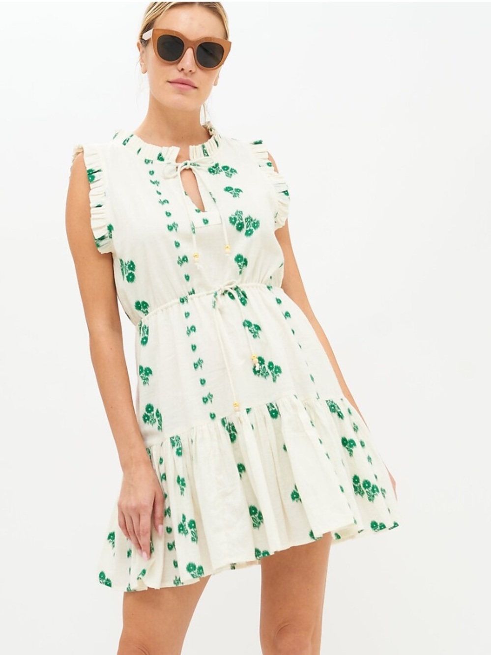 OLIPHANT Sleeveless Cinched-Waist Short Dress White Floral Tiered Sundress XS